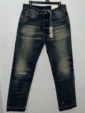 NWT Mnml Mens Baggy Distressed Denim Jeans Dark Blue Vtg Wash Frayed Hem, 31x32